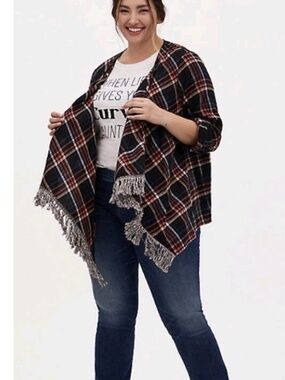 Torrid Plaid Flannel Drape Front Kimono Sweater Fringe Trim Roll Tab Sleeves 2X
